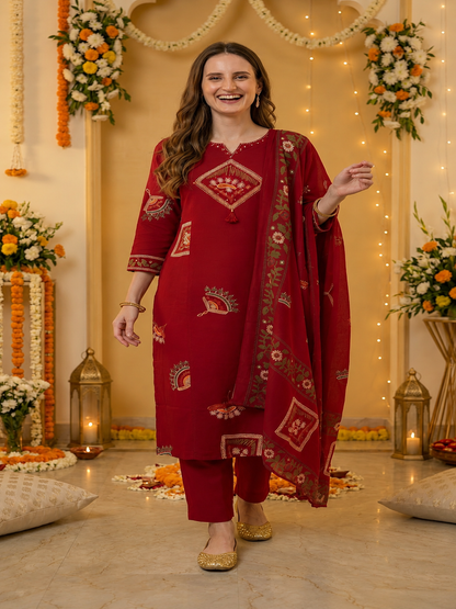 Red Abstract Floral Print Cotton Straight Kurta Set with Mirror Work, Palazzo & Dupatta