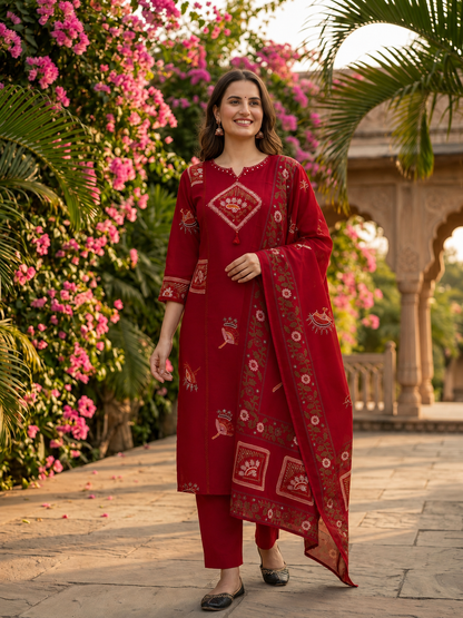 Red Abstract Floral Print Cotton Straight Kurta Set with Mirror Work, Palazzo & Dupatta