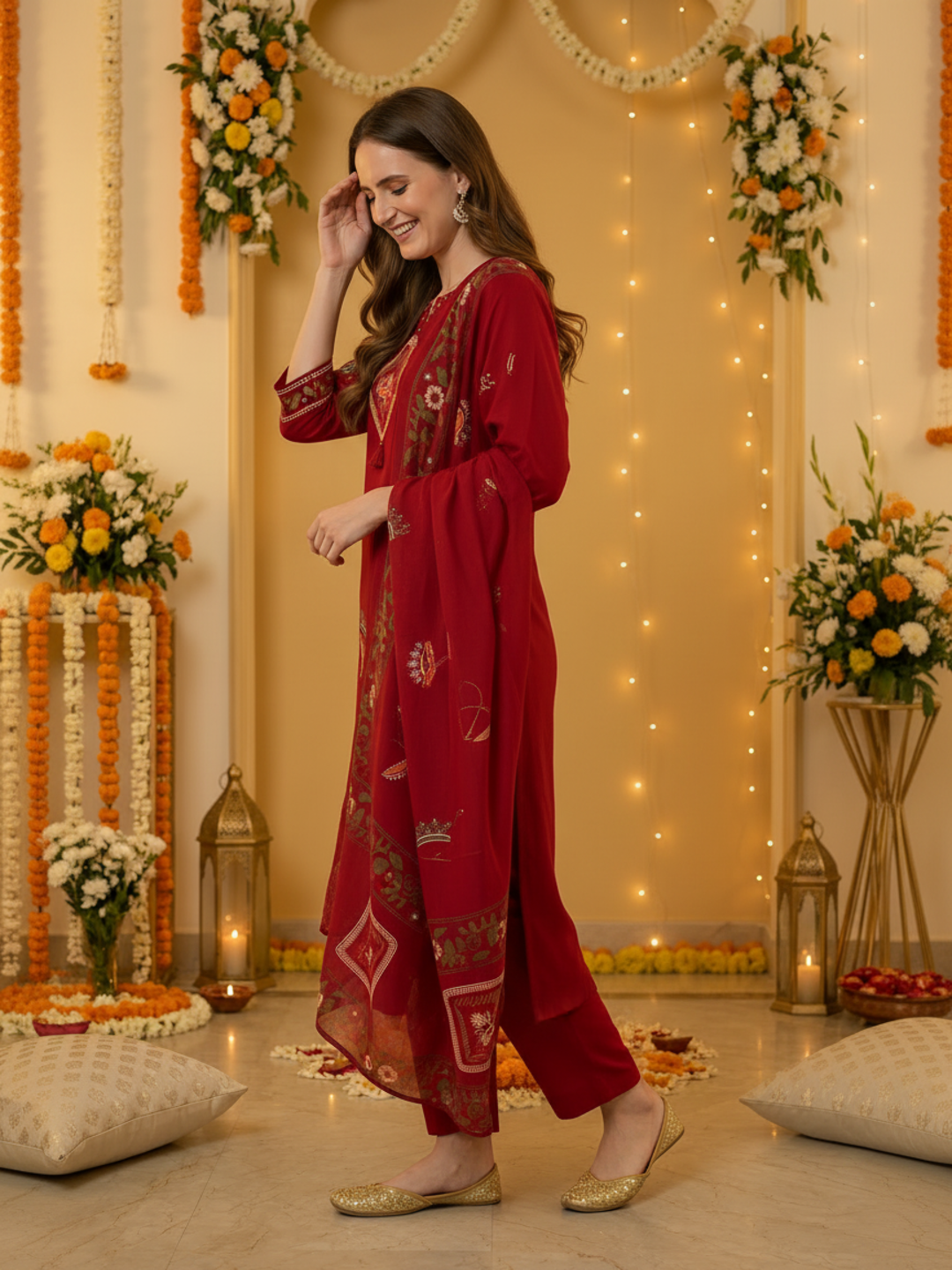 Red Abstract Floral Print Cotton Straight Kurta Set with Mirror Work, Palazzo & Dupatta
