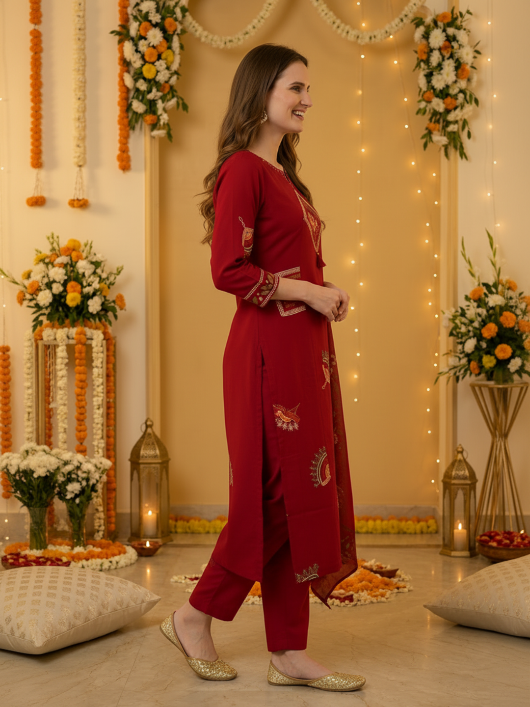 Red Abstract Floral Print Cotton Straight Kurta Set with Mirror Work, Palazzo & Dupatta
