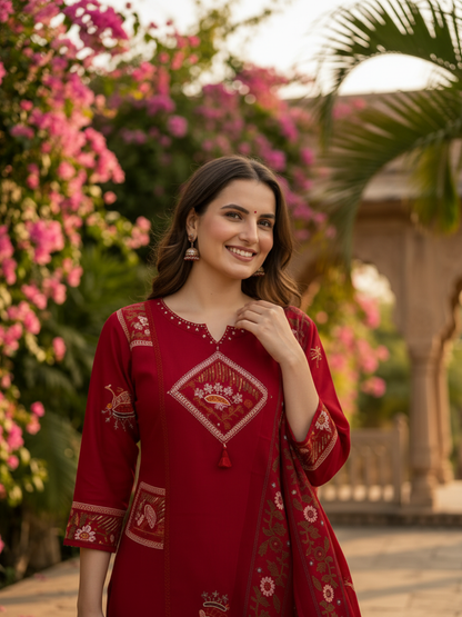 Red Abstract Floral Print Cotton Straight Kurta Set with Mirror Work, Palazzo & Dupatta