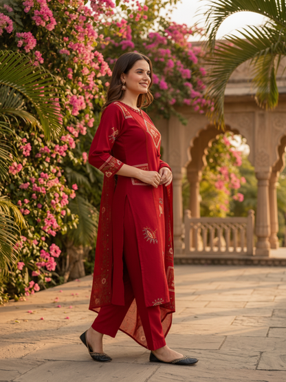 Red Abstract Floral Print Cotton Straight Kurta Set with Mirror Work, Palazzo & Dupatta