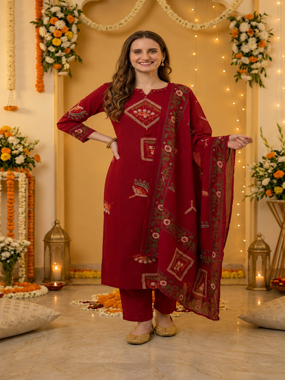 Red Abstract Floral Print Cotton Straight Kurta Set with Mirror Work, Palazzo & Dupatta