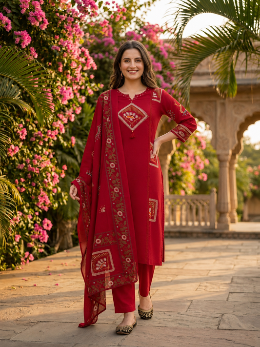 Red Abstract Floral Print Cotton Straight Kurta Set with Mirror Work, Palazzo & Dupatta