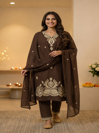 Coffee Brown Solid Cotton Straight Kurta Set with Floral Dori Embroidery, Pant & Dupatta