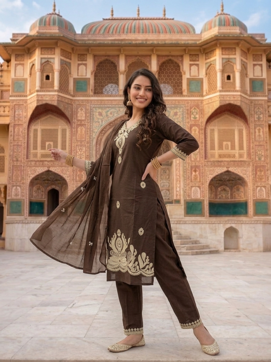 Coffee Brown Solid Cotton Straight Kurta Set with Floral Dori Embroidery, Pant & Dupatta