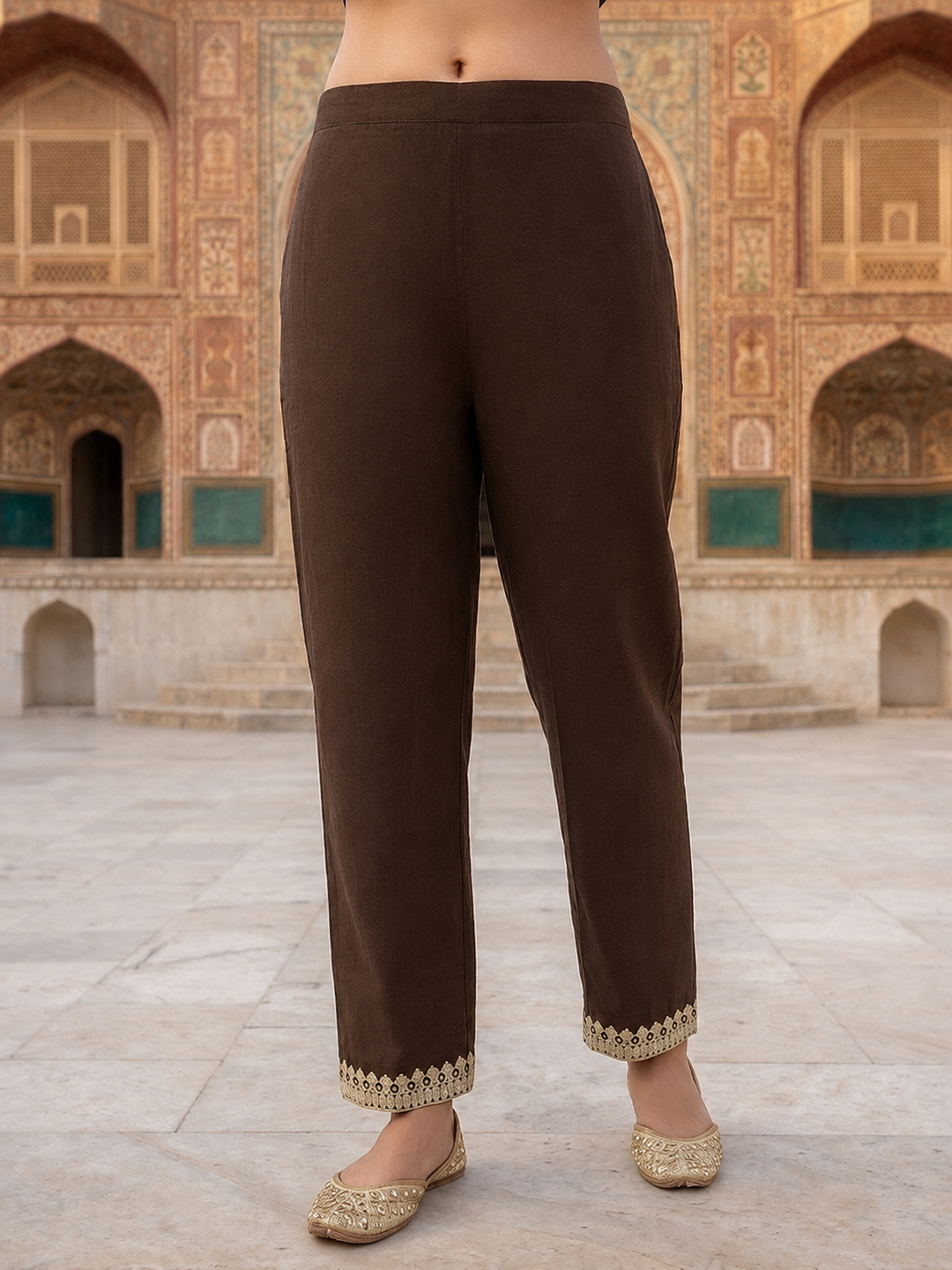 Coffee Brown Solid Cotton Straight Kurta Set with Floral Dori Embroidery, Pant & Dupatta