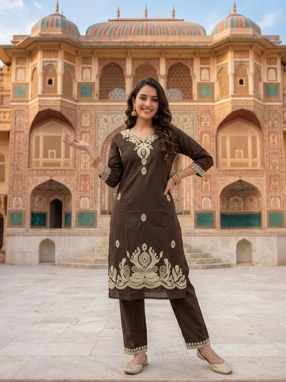 Coffee Brown Solid Cotton Straight Kurta Set with Floral Dori Embroidery, Pant & Dupatta