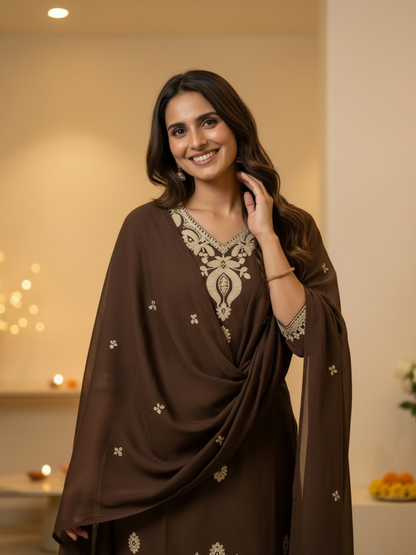 Coffee Brown Solid Cotton Straight Kurta Set with Floral Dori Embroidery, Pant & Dupatta
