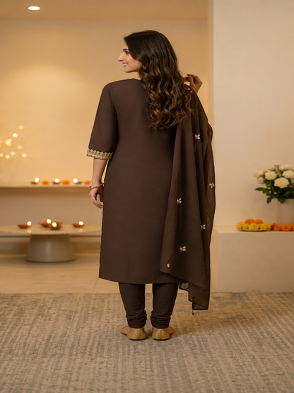 Coffee Brown Solid Cotton Straight Kurta Set with Floral Dori Embroidery, Pant & Dupatta