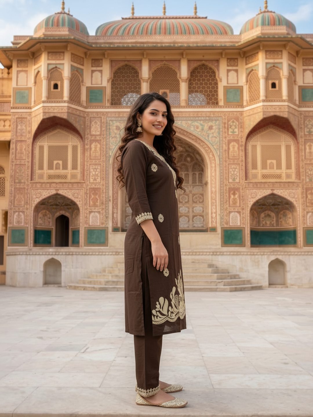 Coffee Brown Solid Cotton Straight Kurta Set with Floral Dori Embroidery, Pant & Dupatta