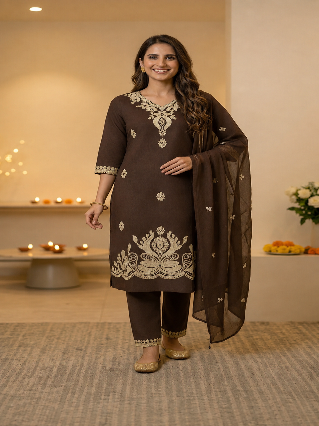 Coffee Brown Solid Cotton Straight Kurta Set with Floral Dori Embroidery, Pant & Dupatta