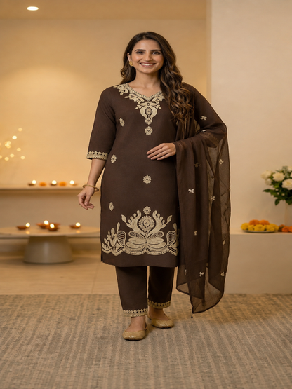 Coffee Brown Solid Cotton Straight Kurta Set with Floral Dori Embroidery, Pant & Dupatta