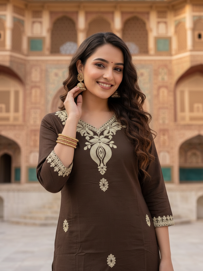 Coffee Brown Solid Cotton Straight Kurta Set with Floral Dori Embroidery, Pant & Dupatta
