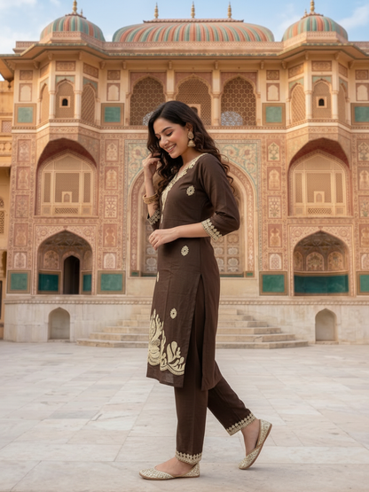 Coffee Brown Solid Cotton Straight Kurta Set with Floral Dori Embroidery, Pant & Dupatta