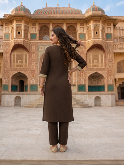 Coffee Brown Solid Cotton Straight Kurta Set with Floral Dori Embroidery, Pant & Dupatta