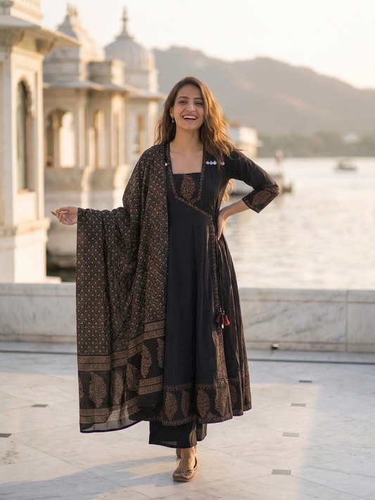 Black Floral Block Print Cotton Anarkali Kurta Set with Beadwork, Square Neck, Palazzo & Dupatta
