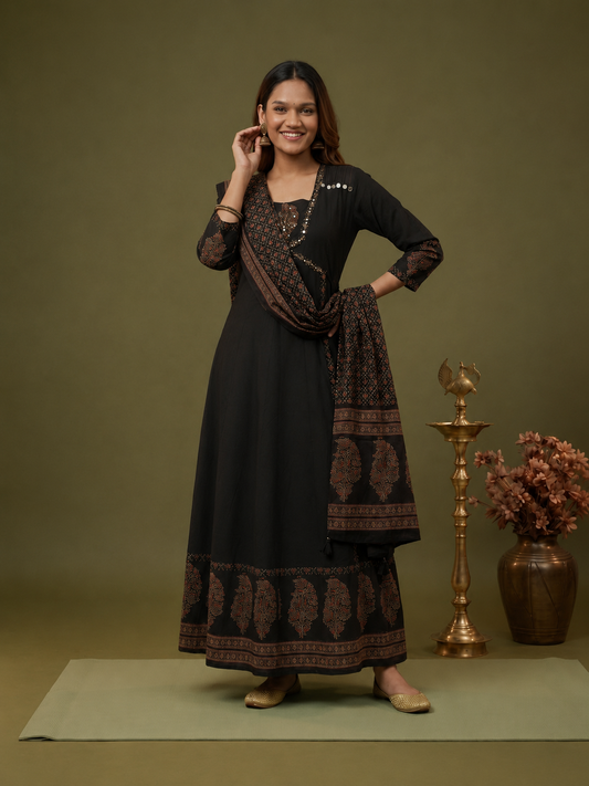 Black Floral Block Print Cotton Anarkali Kurta Set with Beadwork, Square Neck, Palazzo & Dupatta