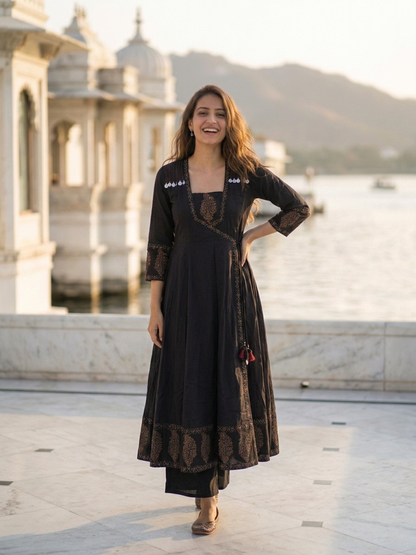 Black Floral Block Print Cotton Anarkali Kurta Set with Beadwork, Square Neck, Palazzo & Dupatta
