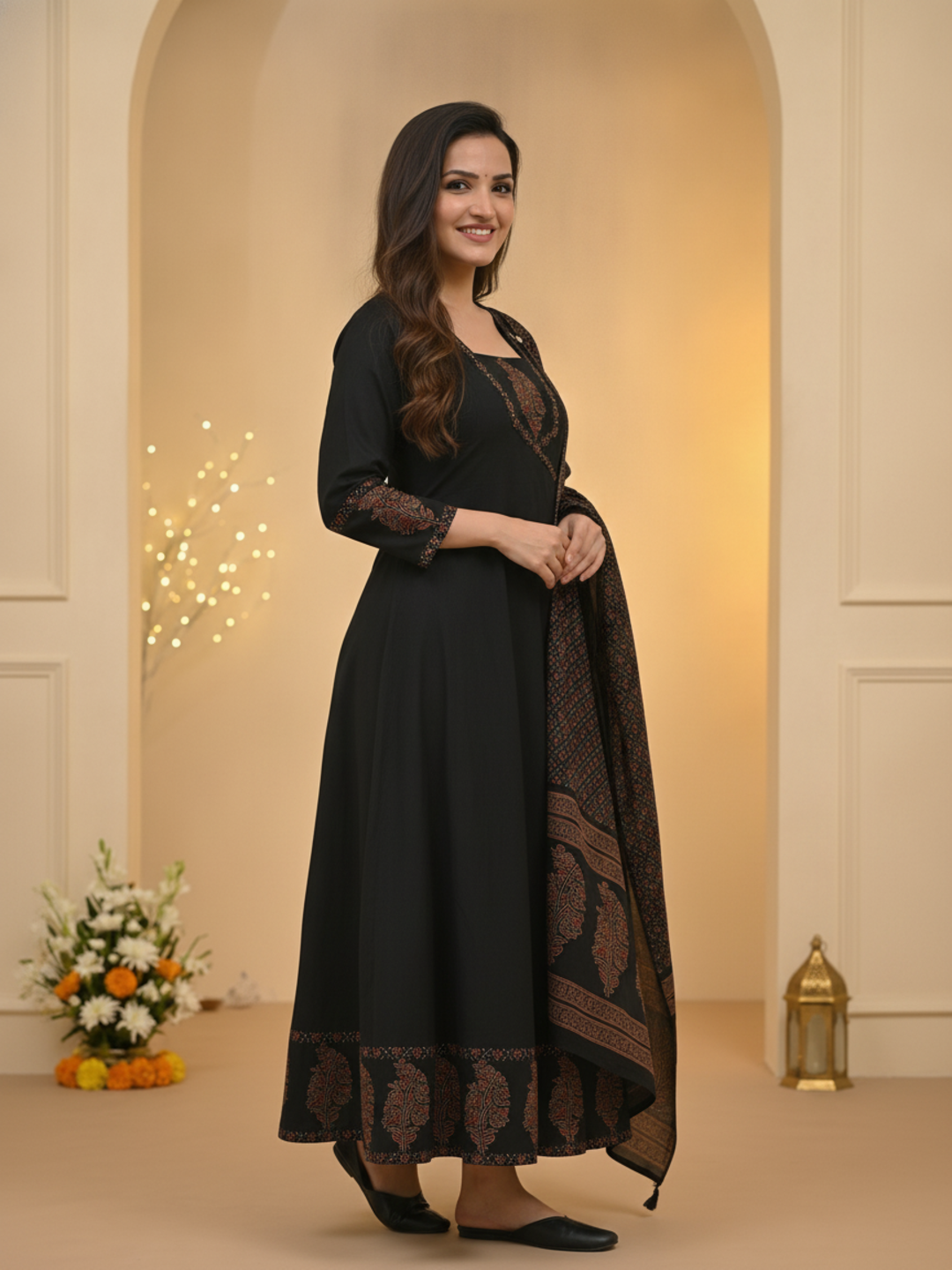 Black Floral Block Print Cotton Anarkali Kurta Set with Beadwork, Square Neck, Palazzo & Dupatta