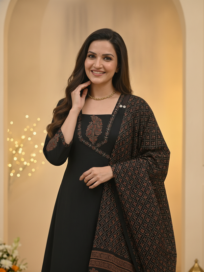 Black Floral Block Print Cotton Anarkali Kurta Set with Beadwork, Square Neck, Palazzo & Dupatta