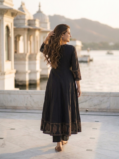 Black Floral Block Print Cotton Anarkali Kurta Set with Beadwork, Square Neck, Palazzo & Dupatta