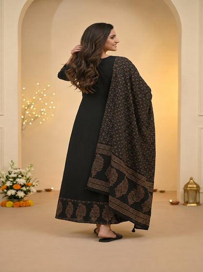 Black Floral Block Print Cotton Anarkali Kurta Set with Beadwork, Square Neck, Palazzo & Dupatta