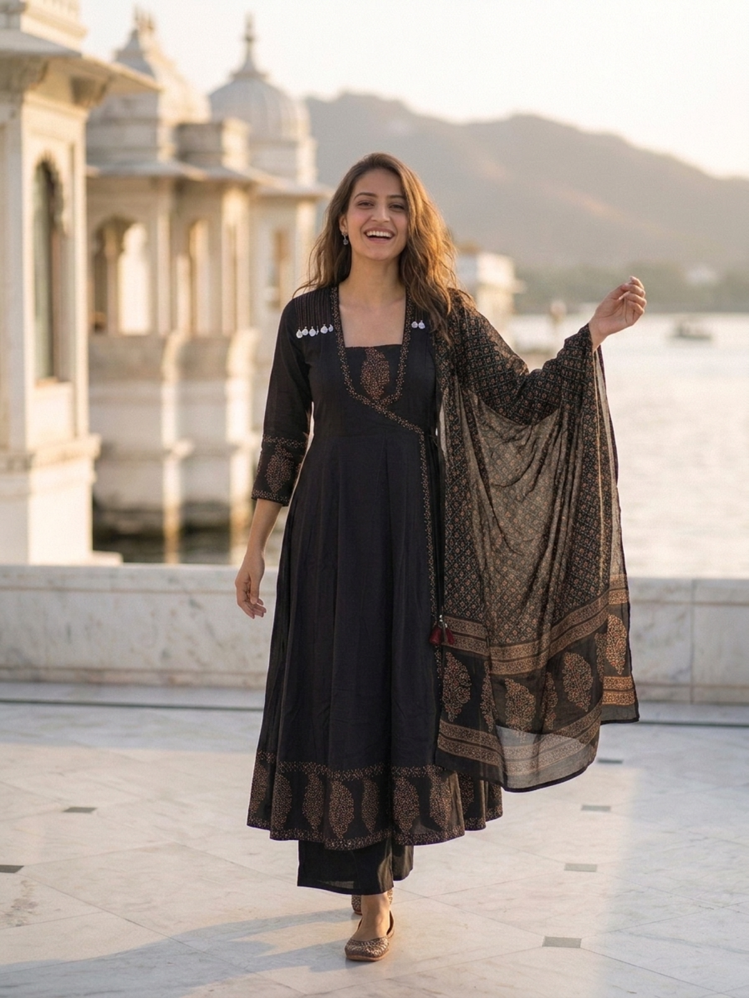 Black Floral Block Print Cotton Anarkali Kurta Set with Beadwork, Square Neck, Palazzo & Dupatta