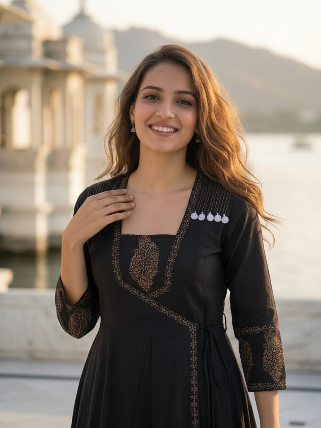 Black Floral Block Print Cotton Anarkali Kurta Set with Beadwork, Square Neck, Palazzo & Dupatta