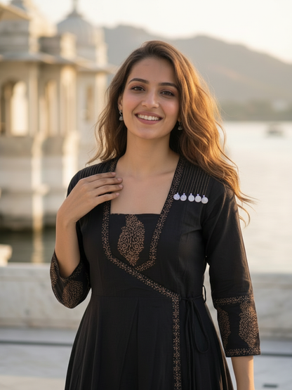 Black Floral Block Print Cotton Anarkali Kurta Set with Beadwork, Square Neck, Palazzo & Dupatta