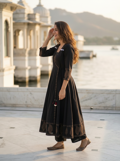 Black Floral Block Print Cotton Anarkali Kurta Set with Beadwork, Square Neck, Palazzo & Dupatta