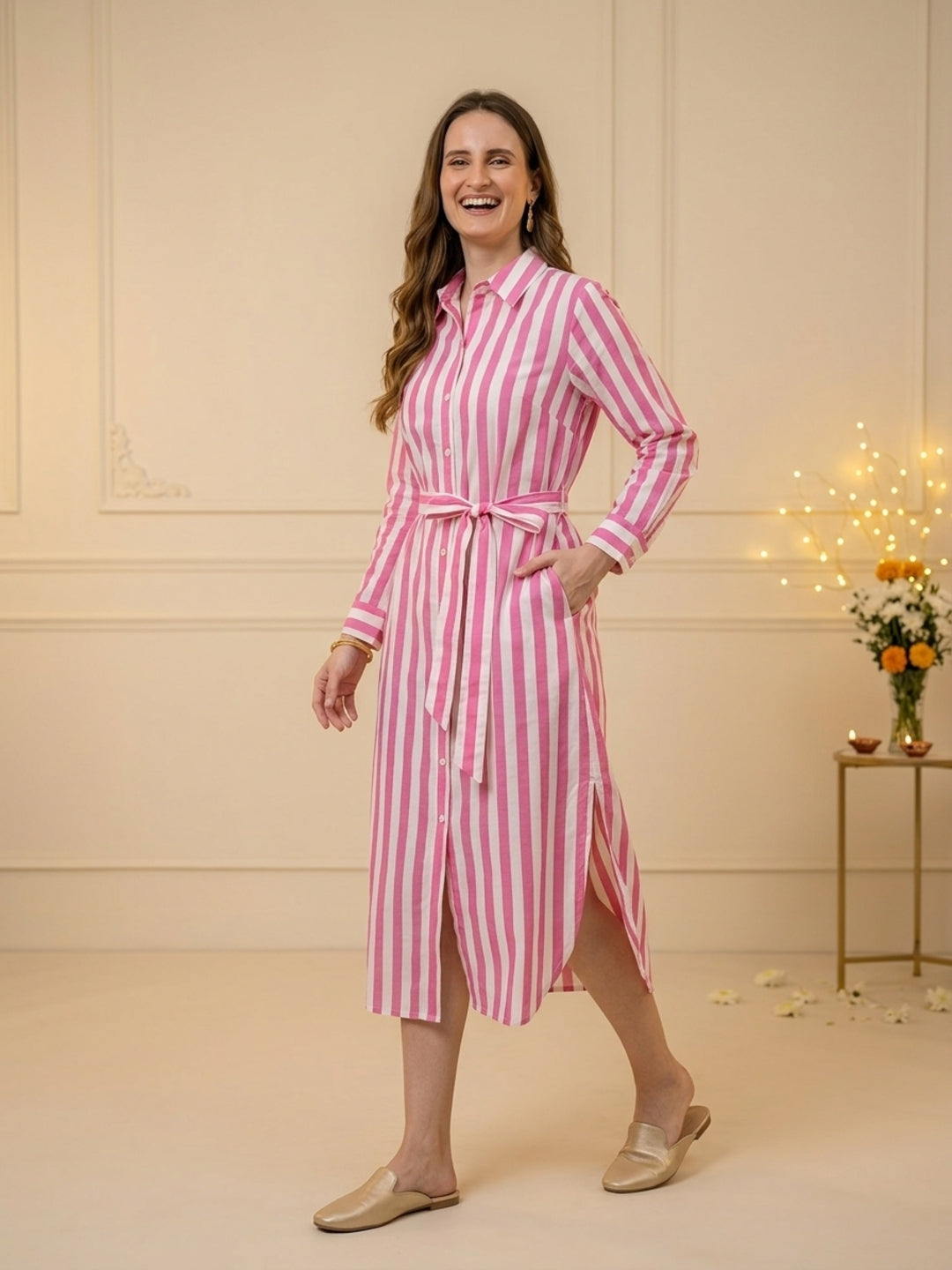 Pink Stripes Print Cotton Straight Kurta with Shirt Collar & Curved Hemline