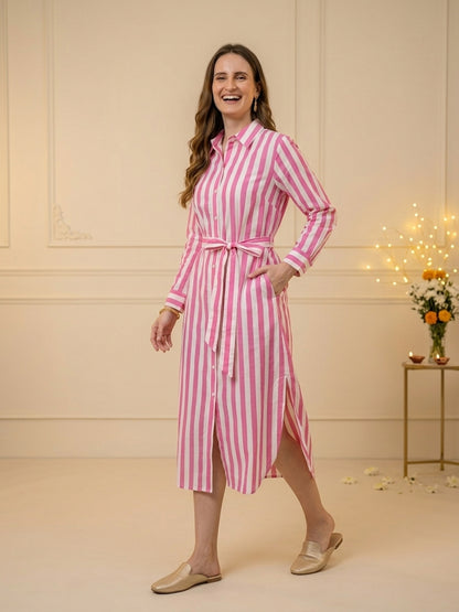 Pink Stripes Print Cotton Straight Kurta with Shirt Collar & Curved Hemline