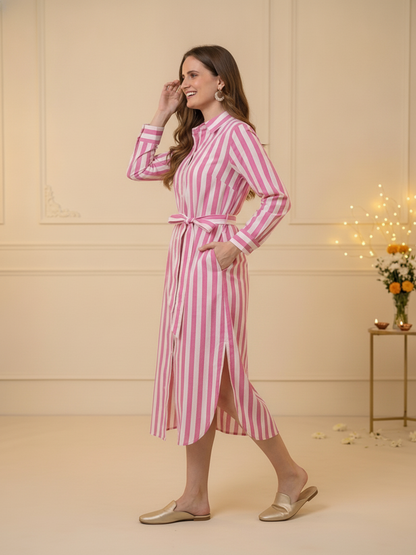 Pink Stripes Print Cotton Straight Kurta with Shirt Collar & Curved Hemline