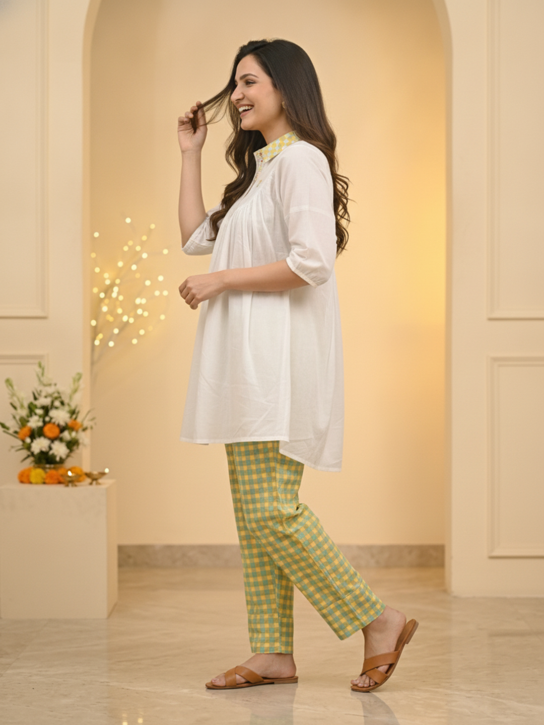 Off White Ethnic Floral Print Cotton Pleated A-Line Kurta Set with Shirt Collar, Puff Sleeves & Checks Salwar