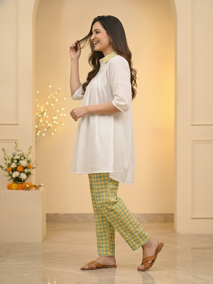 Off White Ethnic Floral Print Cotton Pleated A-Line Kurta Set with Shirt Collar, Puff Sleeves & Checks Salwar