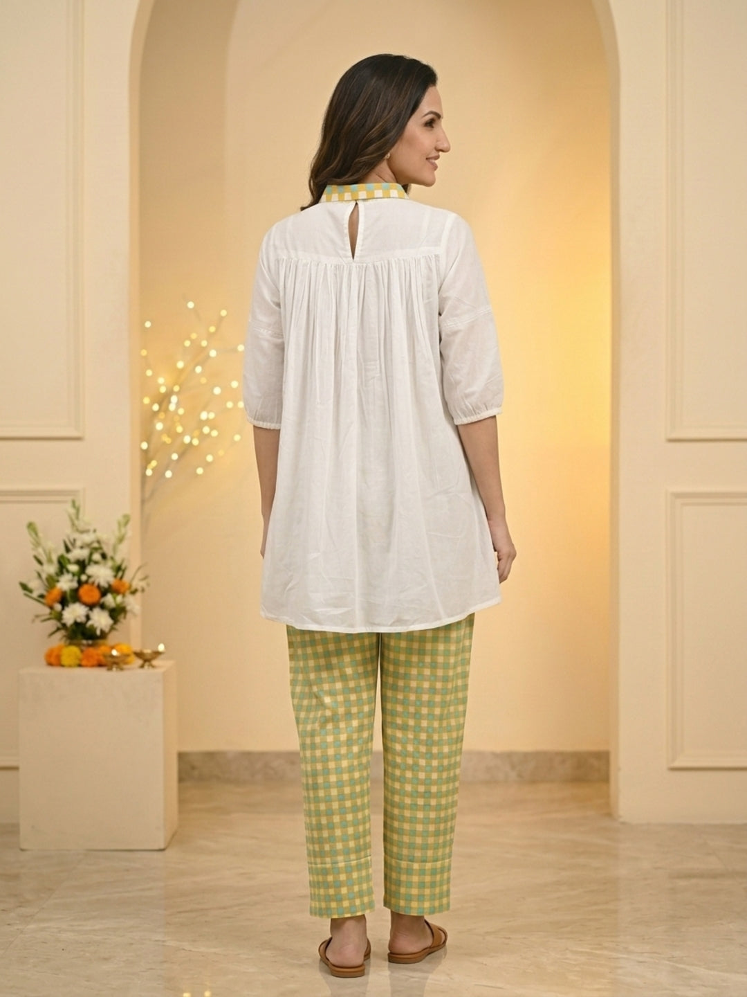 Off White Ethnic Floral Print Cotton Pleated A-Line Kurta Set with Shirt Collar, Puff Sleeves & Checks Salwar