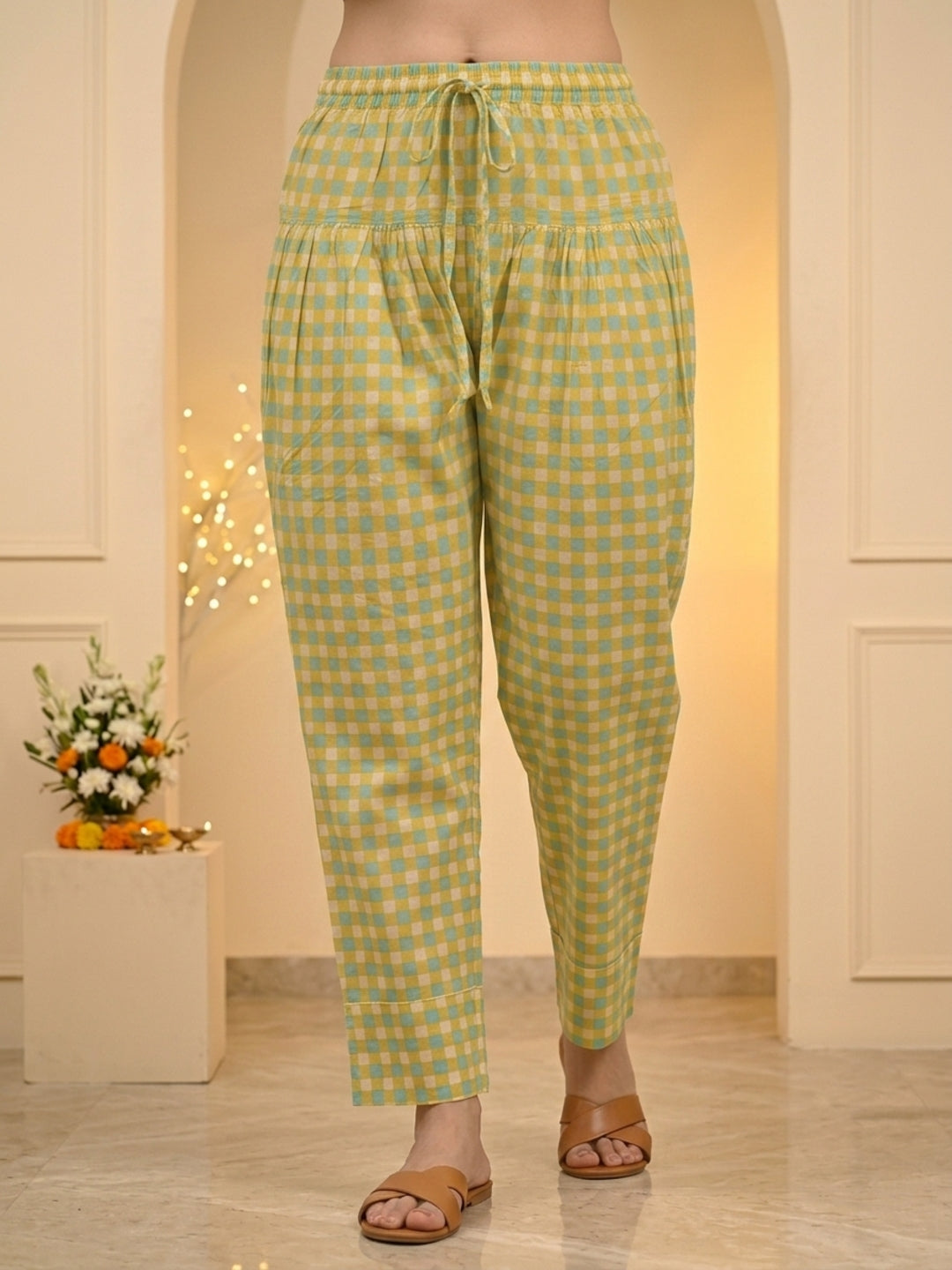 Off White Ethnic Floral Print Cotton Pleated A-Line Kurta Set with Shirt Collar, Puff Sleeves & Checks Salwar