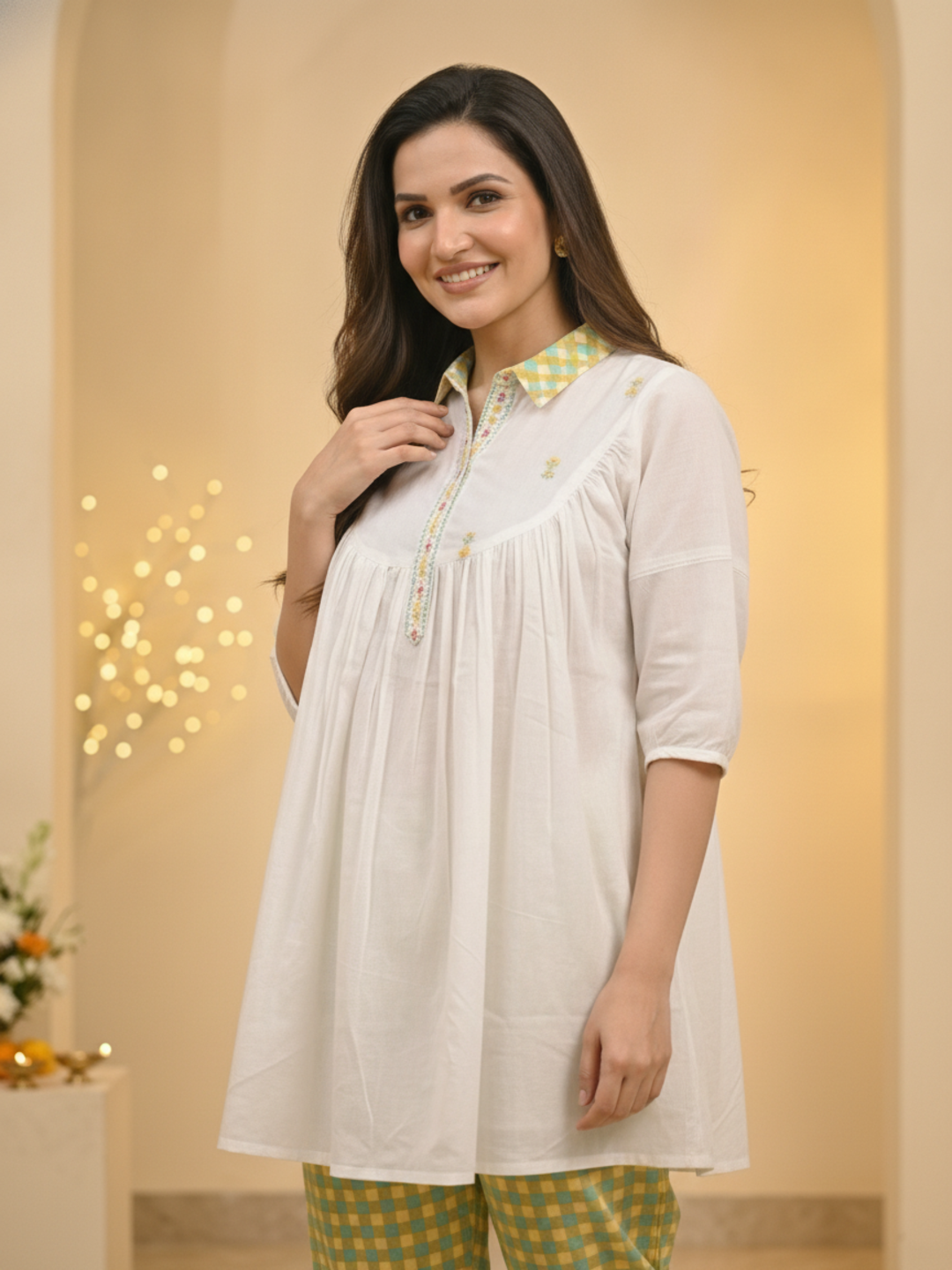 Off White Ethnic Floral Print Cotton Pleated A-Line Kurta Set with Shirt Collar, Puff Sleeves & Checks Salwar