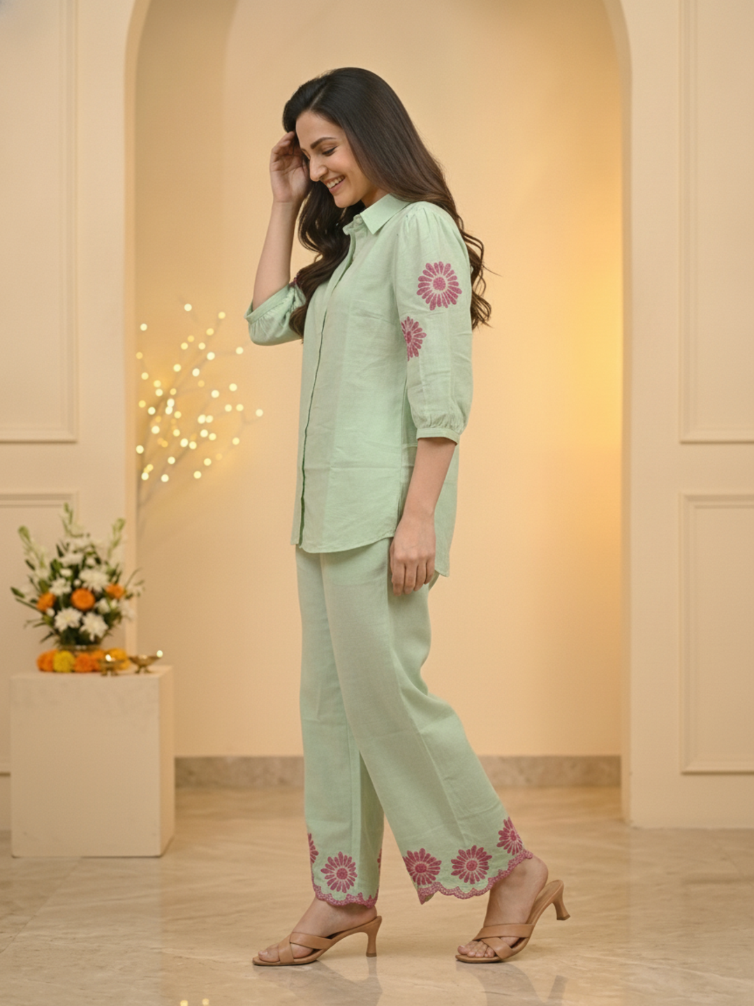 Sage Green Solid Cotton Straight Kurta Co-ord Set with Floral Embroidery, Shirt Collar & Scalloped Palazzo