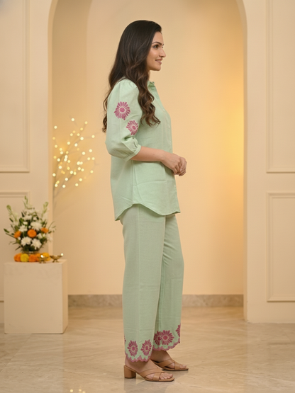 Sage Green Solid Cotton Straight Kurta Co-ord Set with Floral Embroidery, Shirt Collar & Scalloped Palazzo