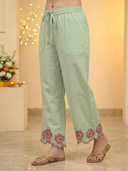 Sage Green Solid Cotton Straight Kurta Co-ord Set with Floral Embroidery, Shirt Collar & Scalloped Palazzo