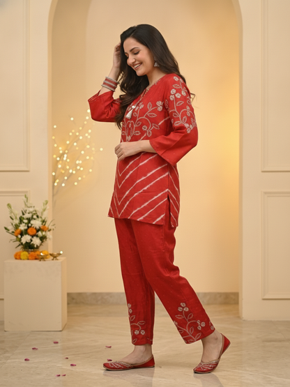 Red Ethnic Print Crepe Straight Kurta Co-ord Set with Mirror Work Embroidery & Pant