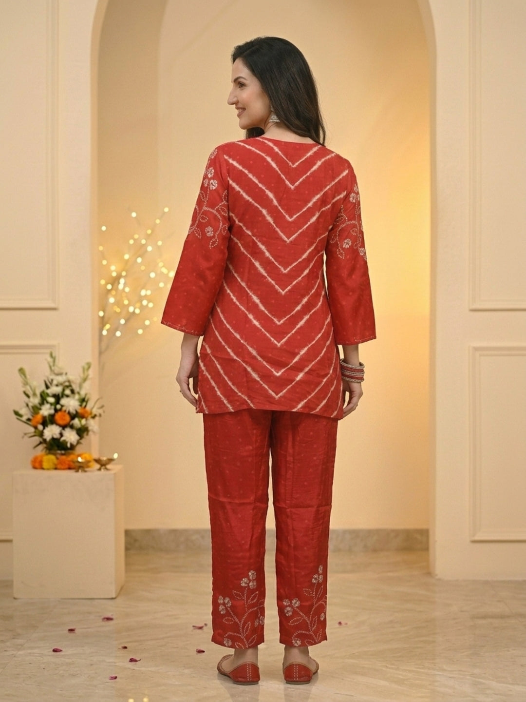 Red Ethnic Print Crepe Straight Kurta Co-ord Set with Mirror Work Embroidery & Pant