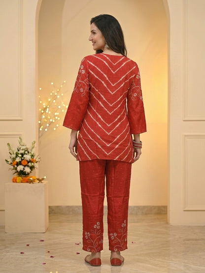 Red Ethnic Print Crepe Straight Kurta Co-ord Set with Mirror Work Embroidery & Pant