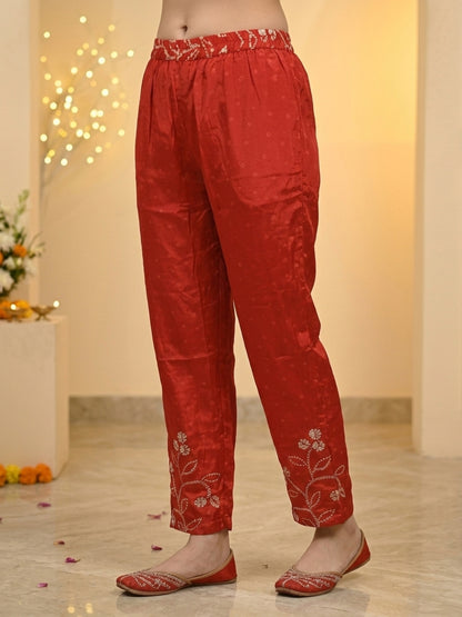 Red Ethnic Print Crepe Straight Kurta Co-ord Set with Mirror Work Embroidery & Pant
