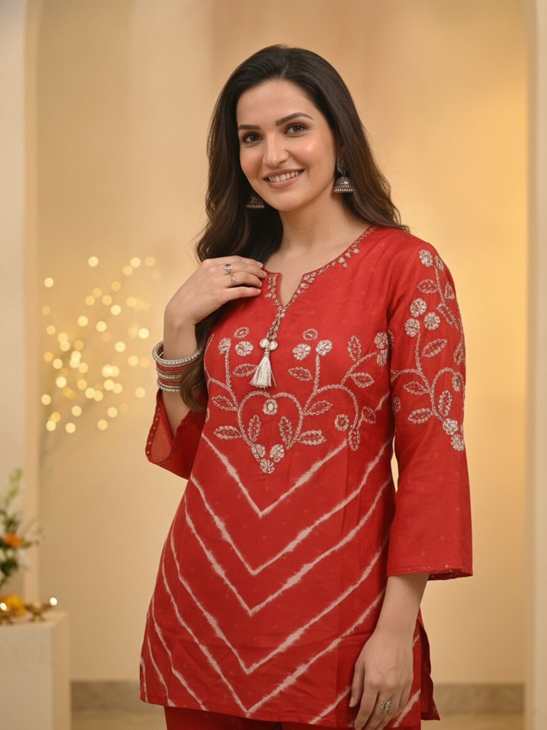 Red Ethnic Print Crepe Straight Kurta Co-ord Set with Mirror Work Embroidery & Pant
