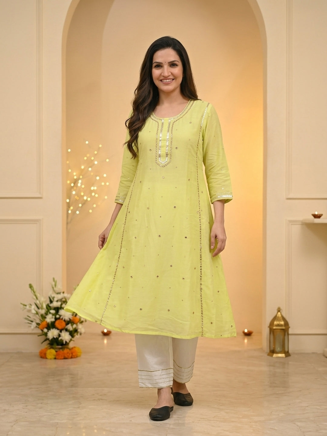 Lime Green Solid Cotton Mulmul A-Line Kurta Set with Gota & Mirror Work and White Salwar
