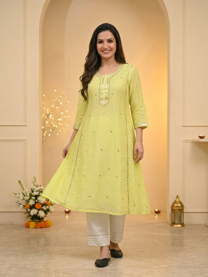 Lime Green Solid Cotton Mulmul A-Line Kurta Set with Gota & Mirror Work and White Salwar