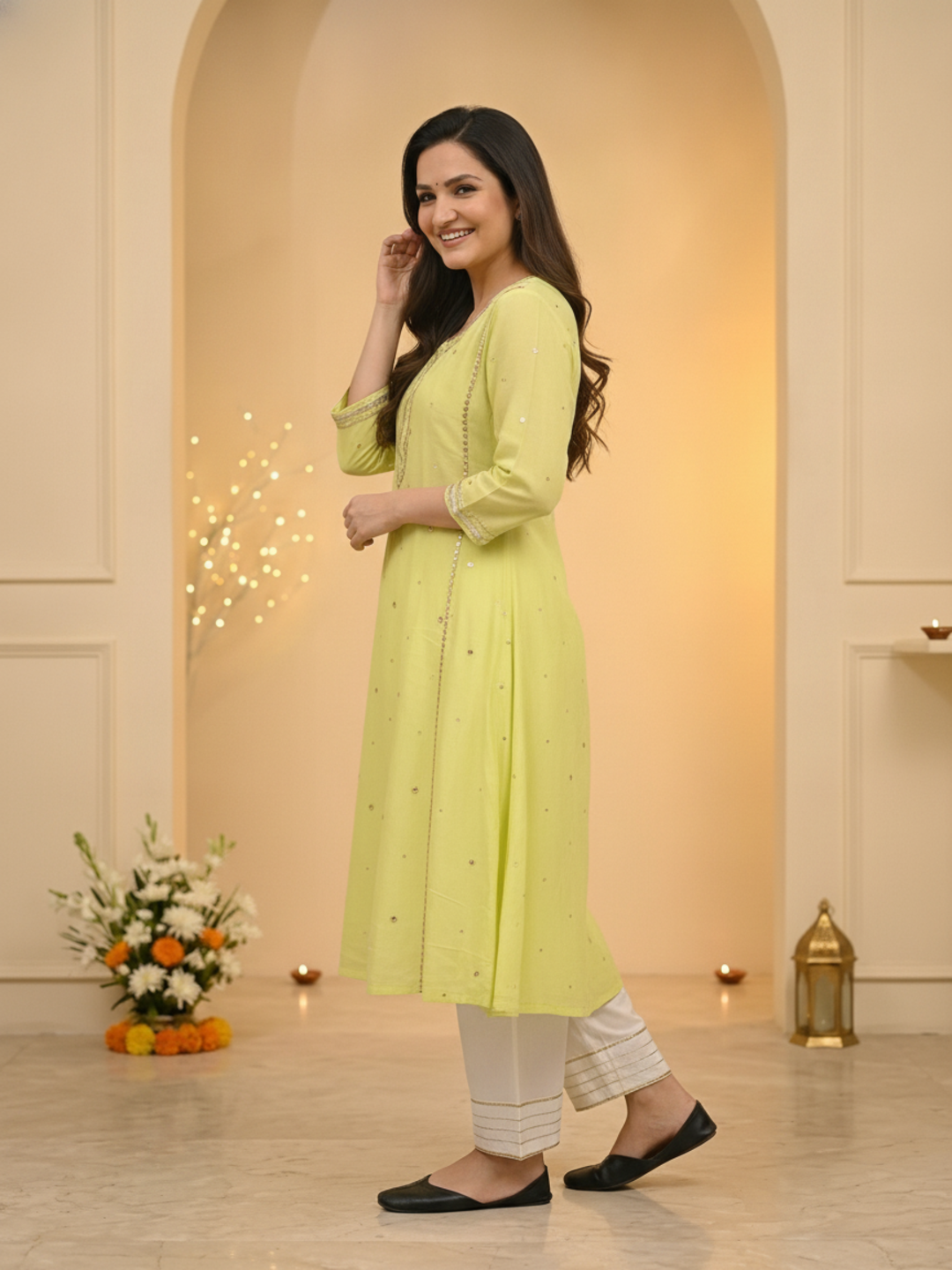 Lime Green Solid Cotton Mulmul A-Line Kurta Set with Gota & Mirror Work and White Salwar